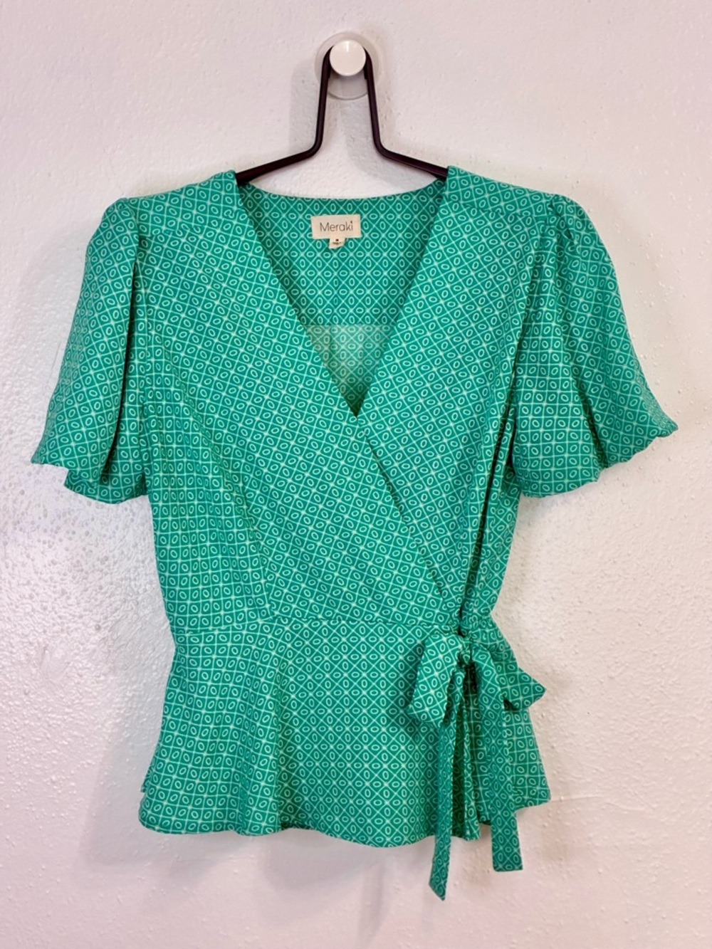 Meraki Teal Geometric Wrap Top with Tie sz.M